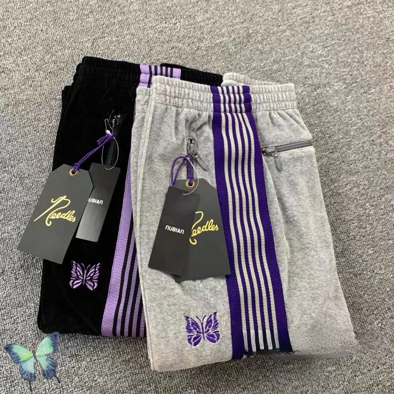 

Needles Pants Men Women Striped Webbing Grey Embroidery Butterfly AWGE Sweatpants
