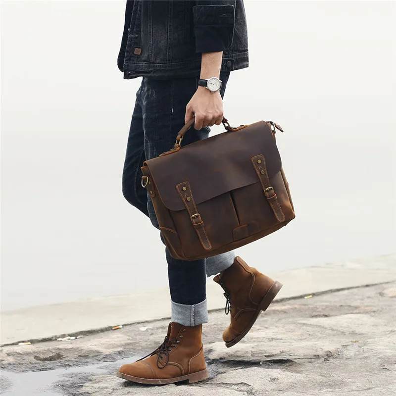 Natural genuine leather men's briefcase vintage handmade crazy horse cowhide handbag fashion work laptop shoulder messenger bags