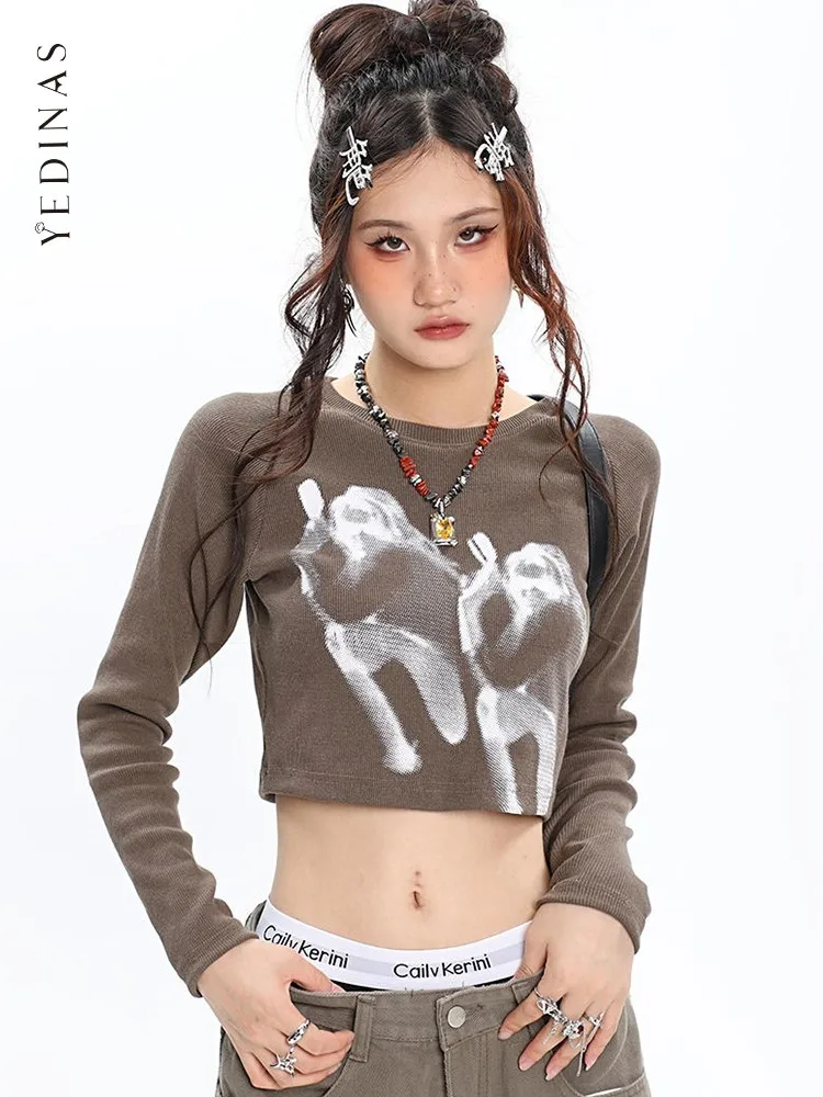 

Футболка Yedinas Y2k с принтом уличная одежда с длинным рукавом и круглым вырезом укороченный Топ Harajuku Женская облегающая футболка в стиле панк Женская Корейская осенне-зимняя