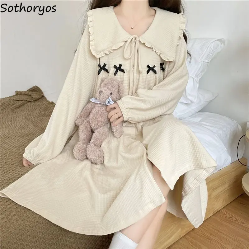 

Nightgowns Women Loose Sleepwear Simple Sweet Princess Style Schoolgirl Ulzzang Lounge Hot Sale Autumn Bow Fashion Design Ins