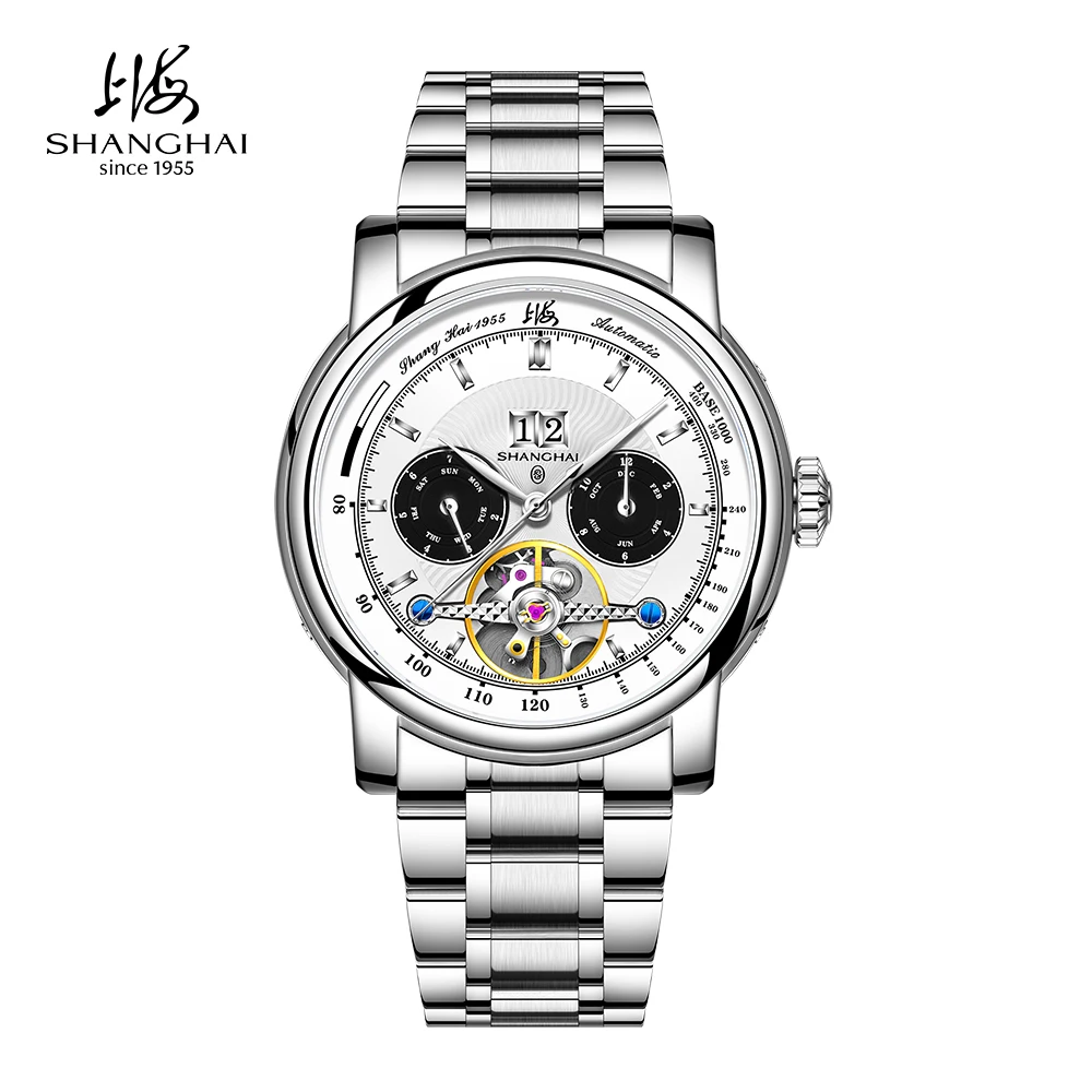 Фото Многофункциональные мужские часы Shanghai Watch с двойным календарем, автоматические механические часы с маховиком, из нержавеющей стали 316L, модель SH008 №1