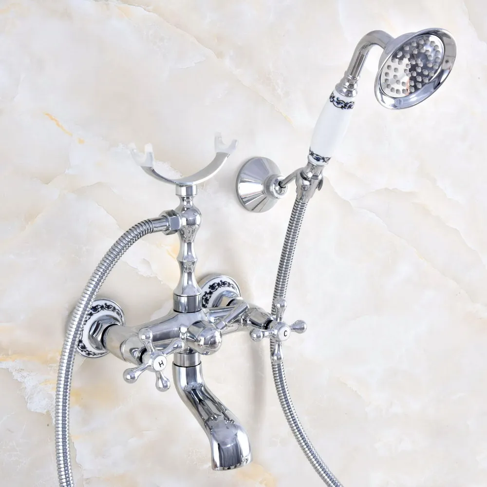 

Polished Chrome Double Cross Handles Wall Mount Clawfoot Bathroom Tub Faucet Hand Shower Mixer Tap ana718