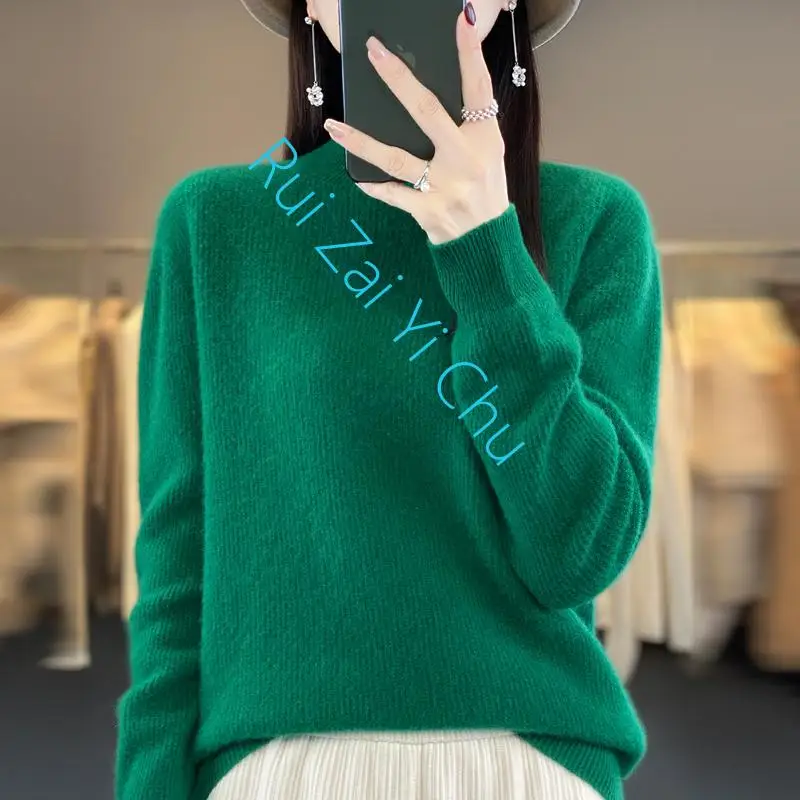 

Autumn and Winter Long Sleeve Cashmere Top100% Wool Sweater Women's Half High Neck Pullover Loose Knit Base Coat