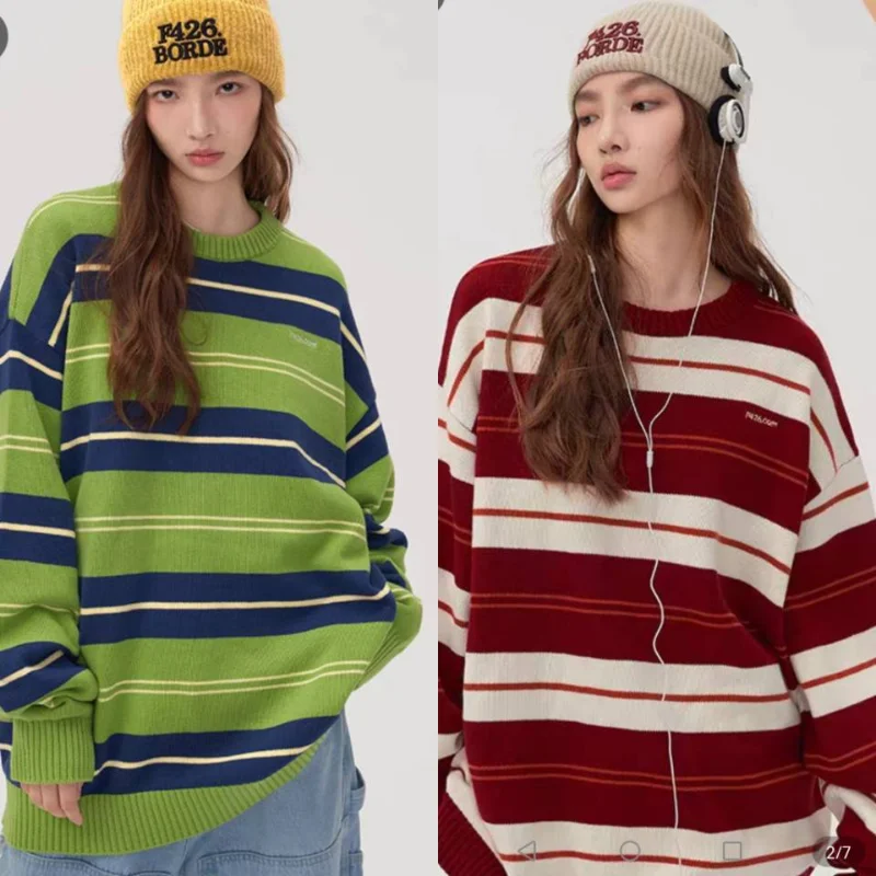 

Женские свитера в американскую полоску, уличные свободные топы, Женский пуловер, женский джемпер с длинным рукавом и круглым вырезом, вязан...