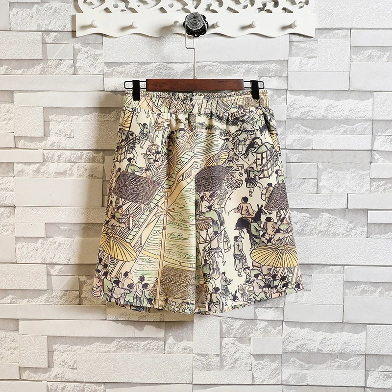 Summer New Men Chinese Shorts Print Crane Harem Pants Large Size Beach Elastic Waist Sleep Bottom Underwear Loungewear Homewear