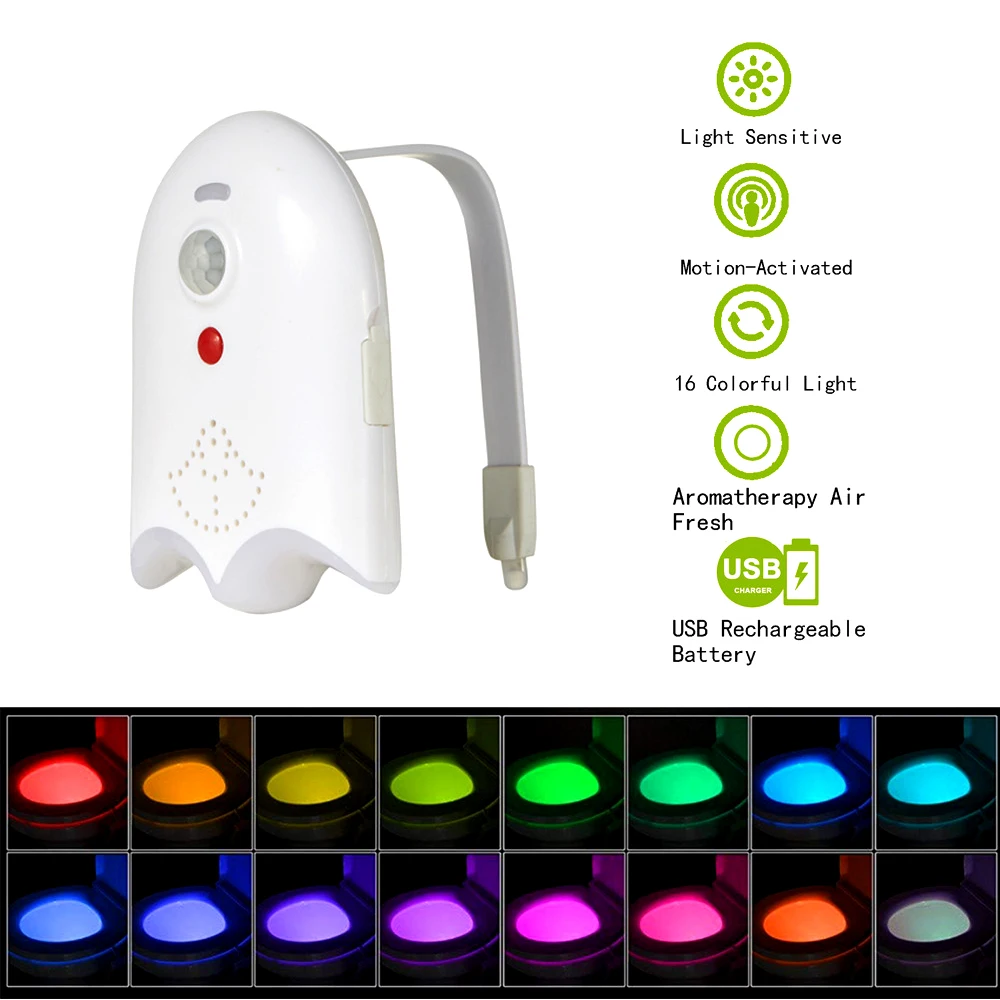 

Светодиодный светильник для унитаза 16 цветов, зарядка через USB, Ночной светильник для сиденья унитаза с пассивным ИК датчиком движения, водо...