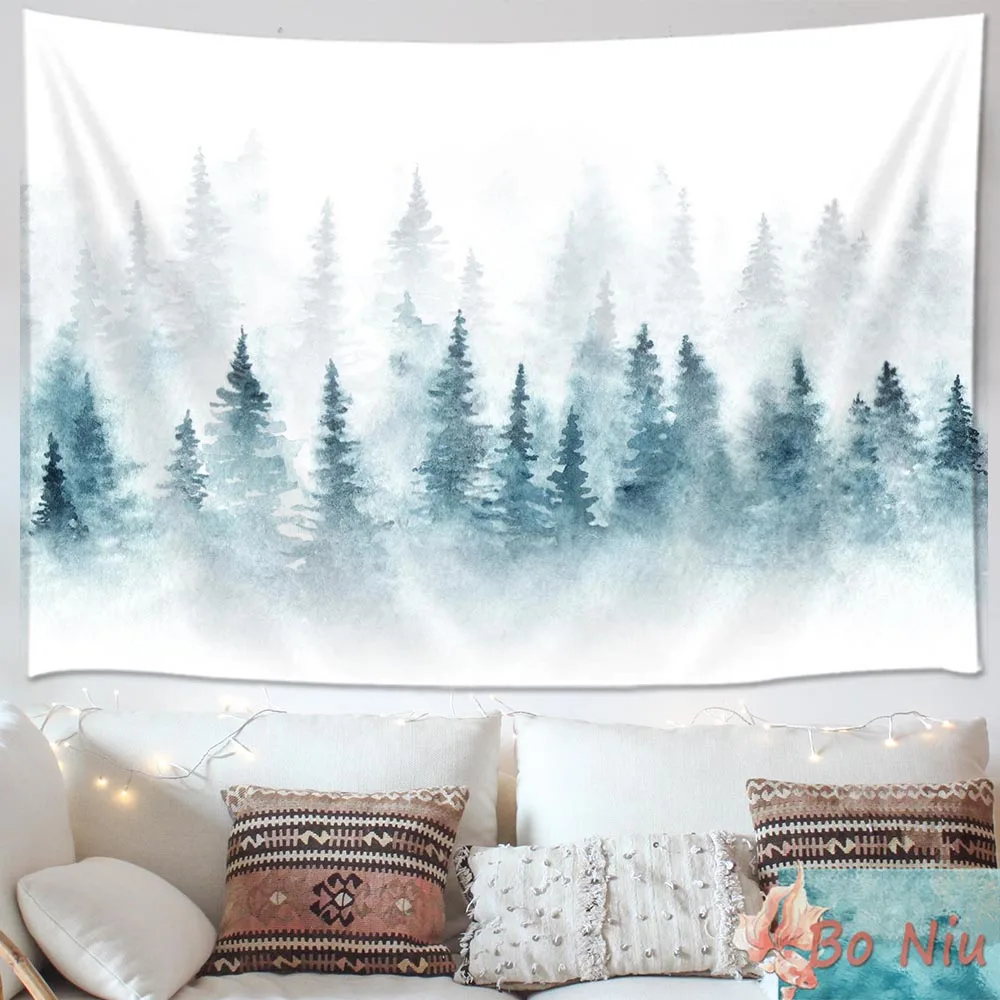 

Grey Landscape with Fir Forest in Hipster Vintage Retro Style Tapestry Wall Hanging For Dorm Living Room Bedroom Home Decoration