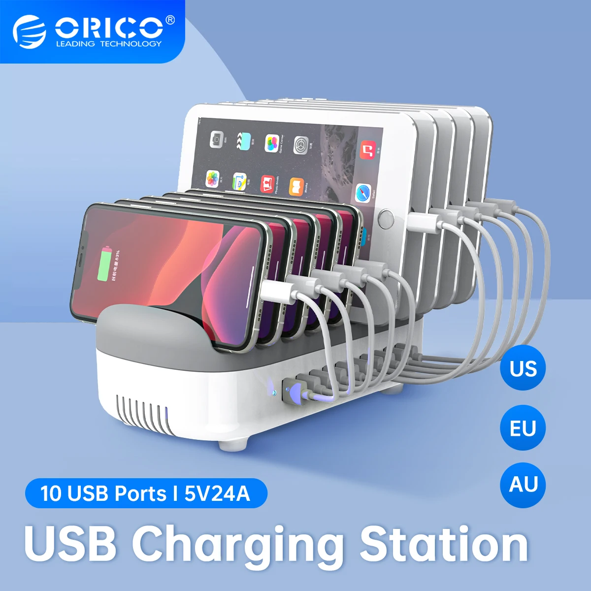 ORICO 10 Ports USB Charging Station Dock USB Charger 120W 5V 2.4A for iPhone 12 Pro Max Samsung Xiaomi Phone Tablet