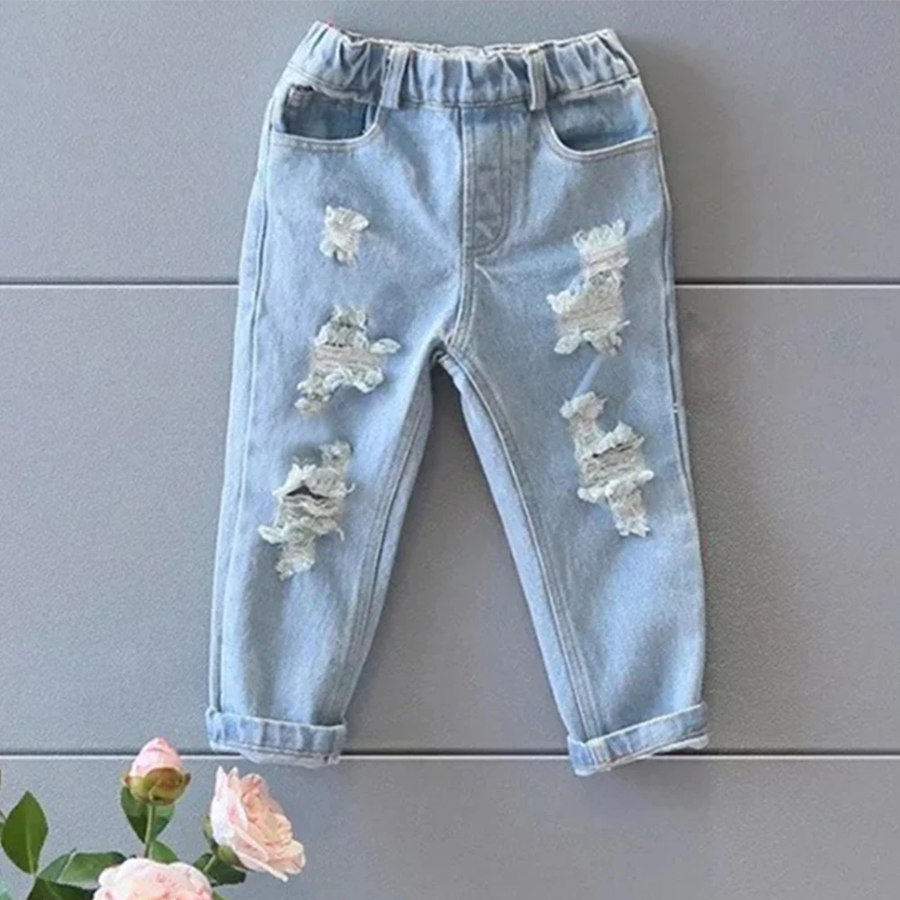 

Ripped Hole Slim Jeans for Gril Elastic Waist Long Pants Outerwear Clothes Teenagers Trousers Denim Pants for Kid