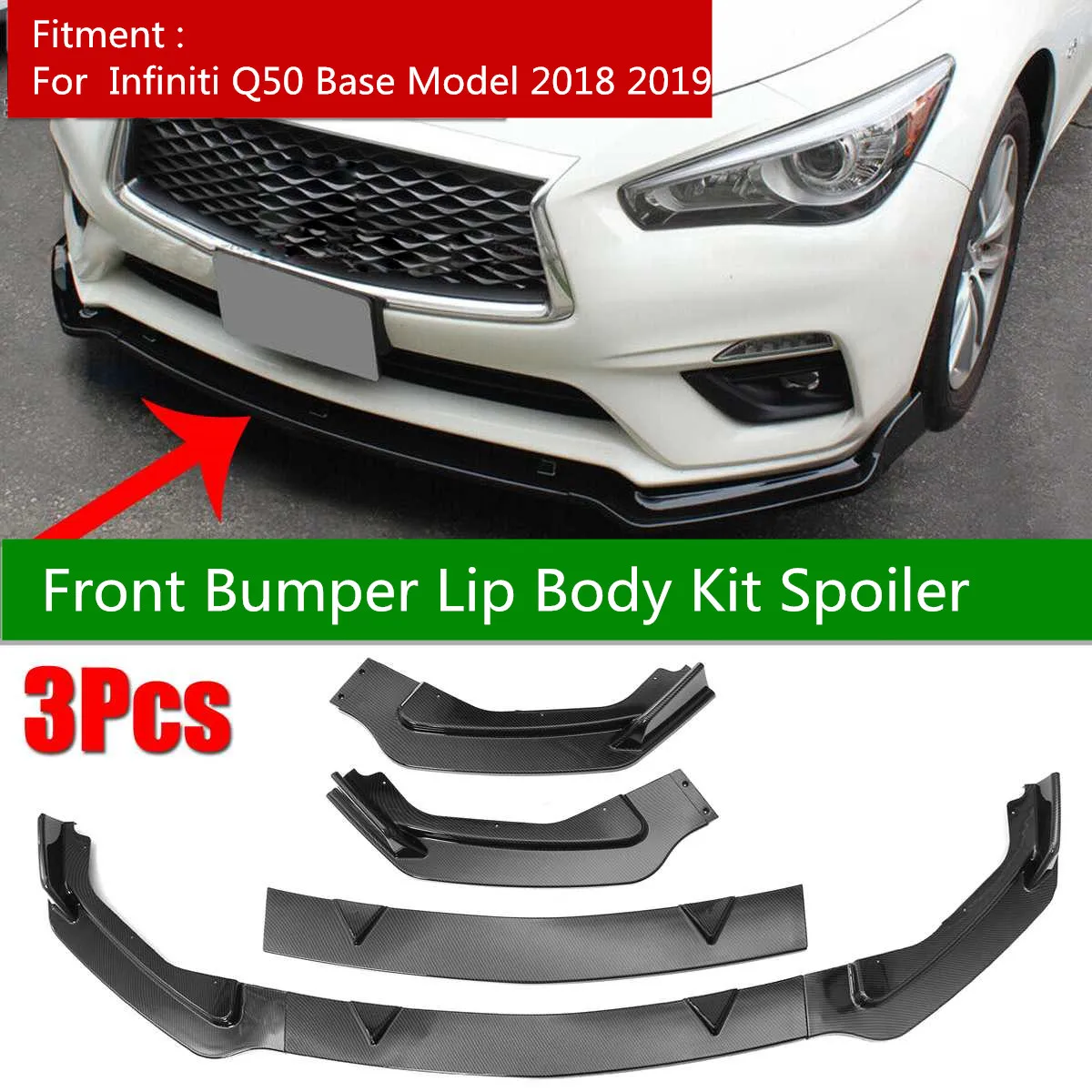

Car Front Bumper Lip Body Kit Spoiler Bumper Splitter Diffuser for Infiniti Q50 Base Model 2018 2019 Carbon Fiber Look/Black