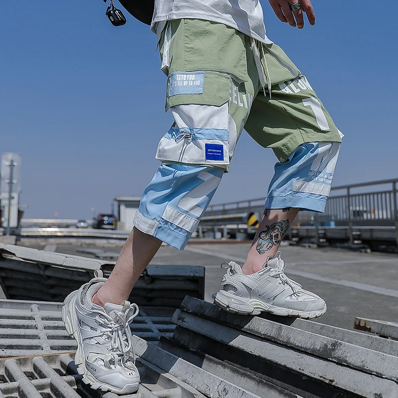 

YASUGUOJI Patchwork Pockets Cargo Pants Men Harajuku Hip Hop Sweatpant Male Joggers Track Trousers Streetwear Calf-Length Pants