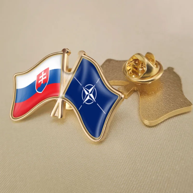

Slovakia and NATO North Atlantic Treaty Organization Crossed Double Friendship Flags Lapel Pins Brooch Badges