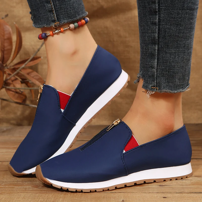 Women's Flat Shoes Spring Front Zipper Casual Round Toe Flat Sneakers Women Slip on Loafers Solid Flats Walking Shoes