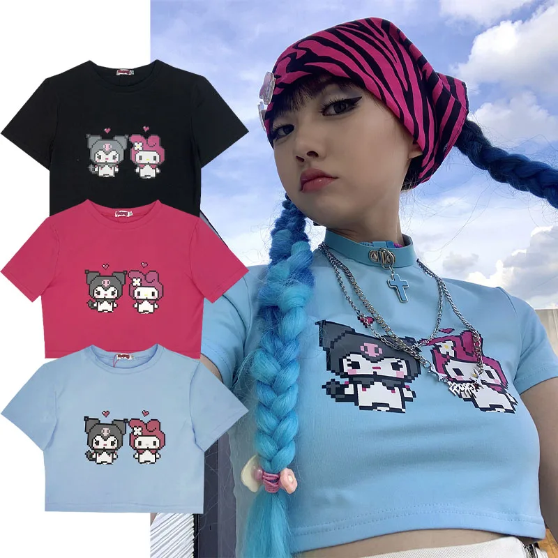 

Kuromi My Melody Vintage Spice Crop Cropped Navel T-Shirt Women Kawaii Sanrioed Anime Printing Skinny Short Sleeve Top Summer