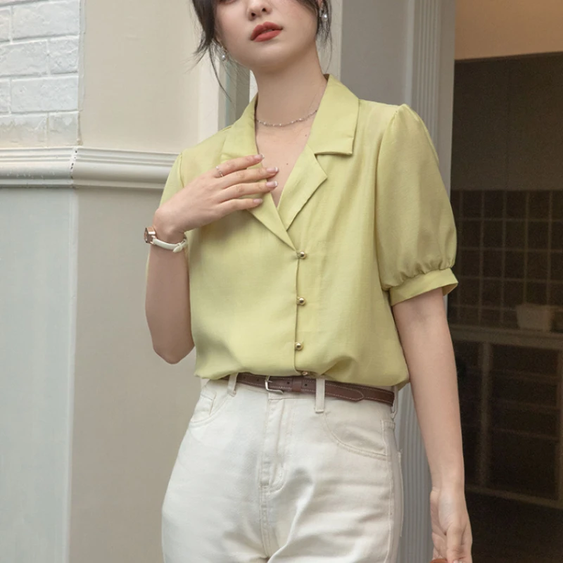 

New Summer Fashion Woman Blouse 2023 Solid Satin V-neck Short Sleeves Elegant Minimalist Shirts and Blouses for Women