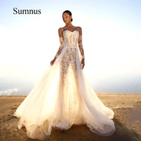 sumnus illusion tulle africa wedding dress spaghetti straps lace appliques sweetheart bridal gowns detachable train wedding gown