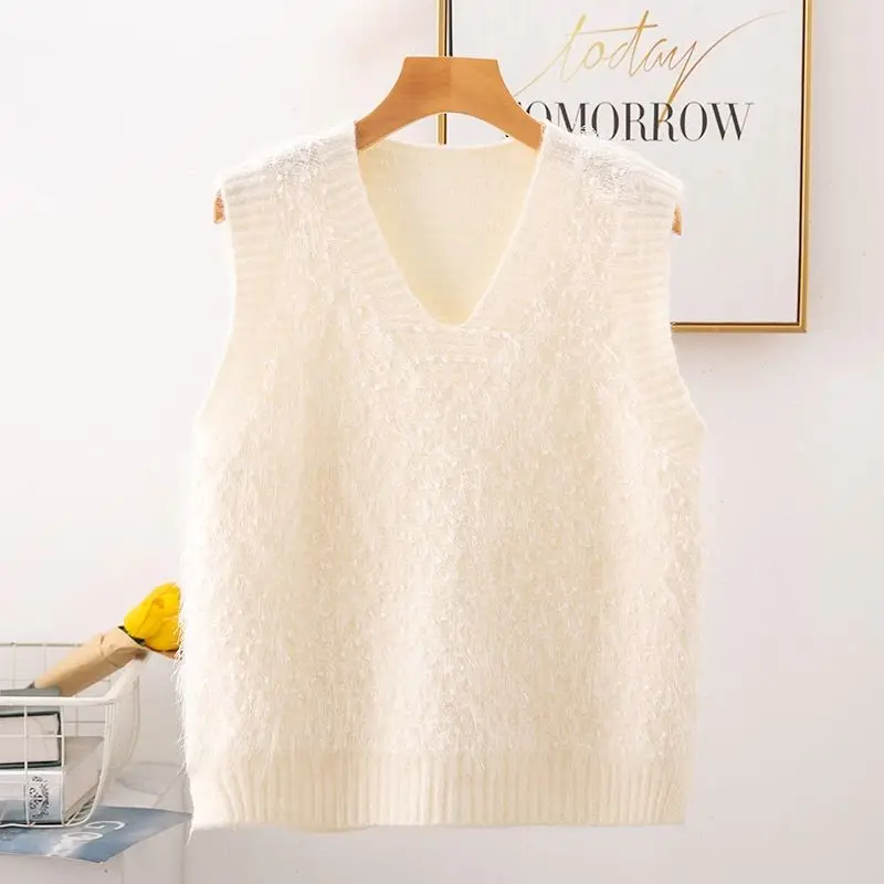 

White RU Korean Spring Fall Fur Furry Plush V-neck Knit Sleeveless Sweater Vest Loose Coat Outcoat Lady Top Cloth for Women girl