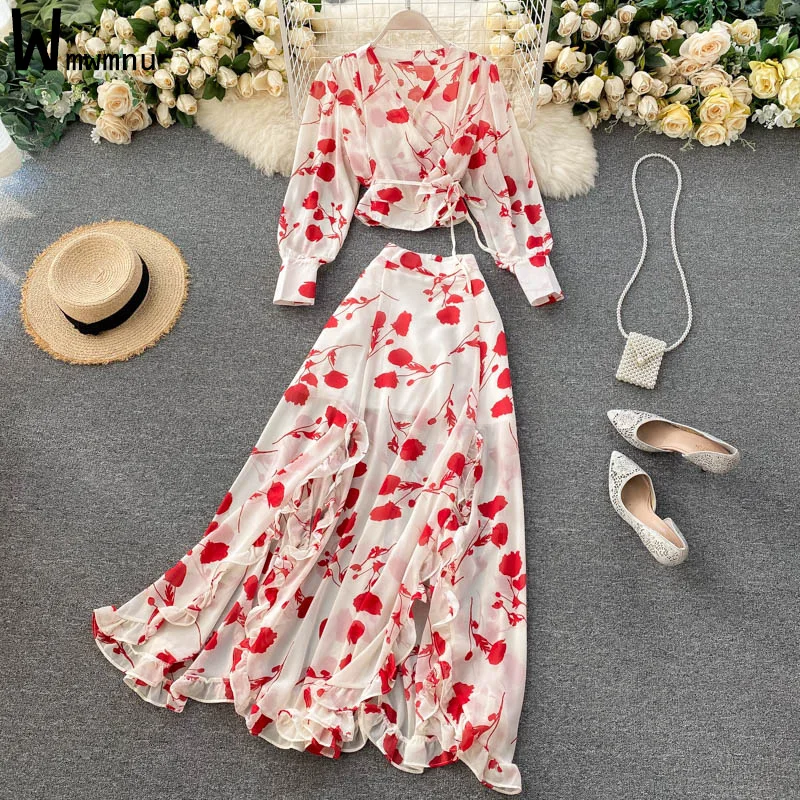 

Vacation Flower Dress Outfits Women Shorts V Neck Sexy Blouse and Ruffle High Waist Slit Long Skirt Beach Elegant Two Piece Sets