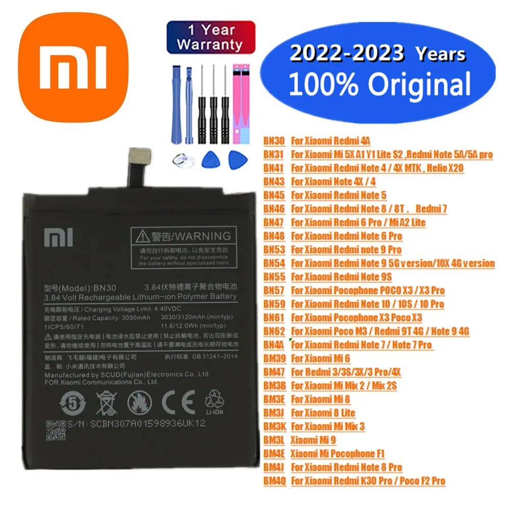

Original Battery Xiaomi Mi Redmi Note 4 4A 4X 5 5A 5X 6 7 8 8T 9 9S 9T 10 10S 10X K30 Pro Lite Mix POCO X3 M3 F1 F2 Pro Mix 2 3