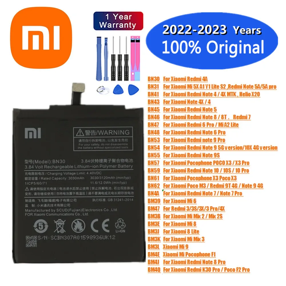 Original Battery Xiaomi Mi Redmi Note 4 4A 4X 5 5A 5X 6 7 8 8T 9 9S 9T 10 10S 10X K30 Pro Lite Mix POCO X3 M3 F1 F2 Pro Mix 2 3