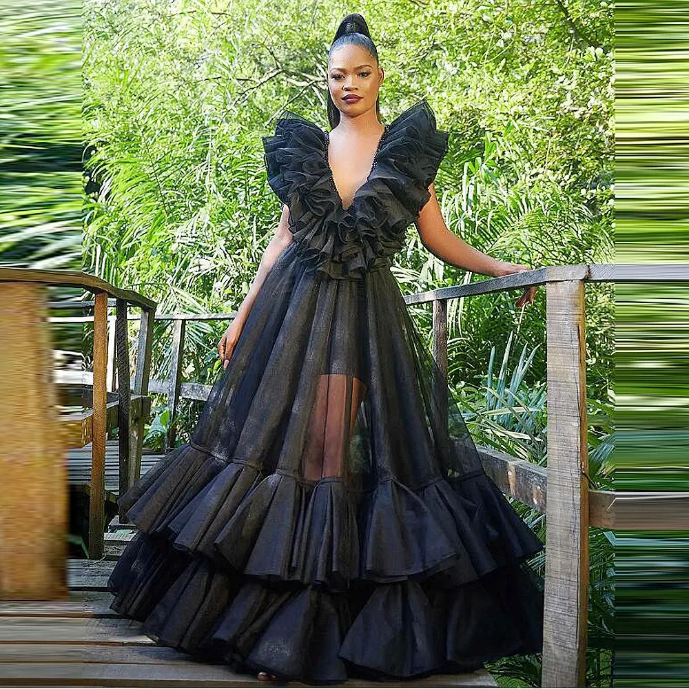 

Sexy Prom Dresses With Deep V Neck Ruffles Shoulders See Through A Line Black Girls Birthday Party Dress Tiered Evening Gowns