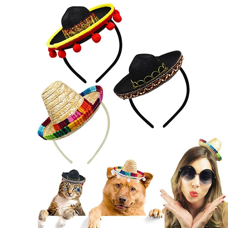 

10Styles Mini Sombrero Hat Shape Colorful Ball Headband Funny Kids Adult Pet Carnival Birthday Party Hair Decoration Headdress