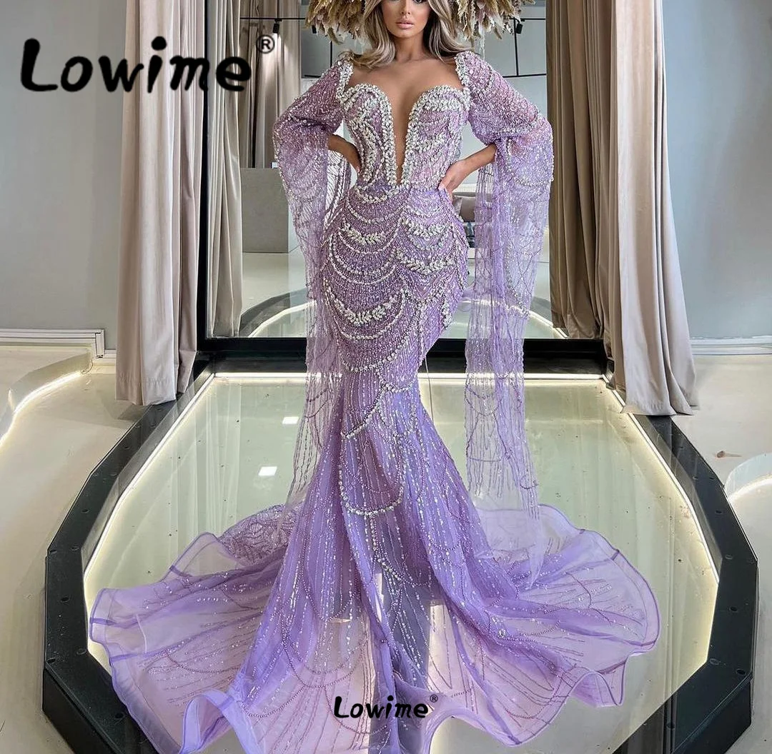 

Dubai Arabic Evening Dresses Long Sleeves Crystals Beaded Mermaid Celebrity Dress 2023 Customized Luxury Prom Party Gowns Dress
