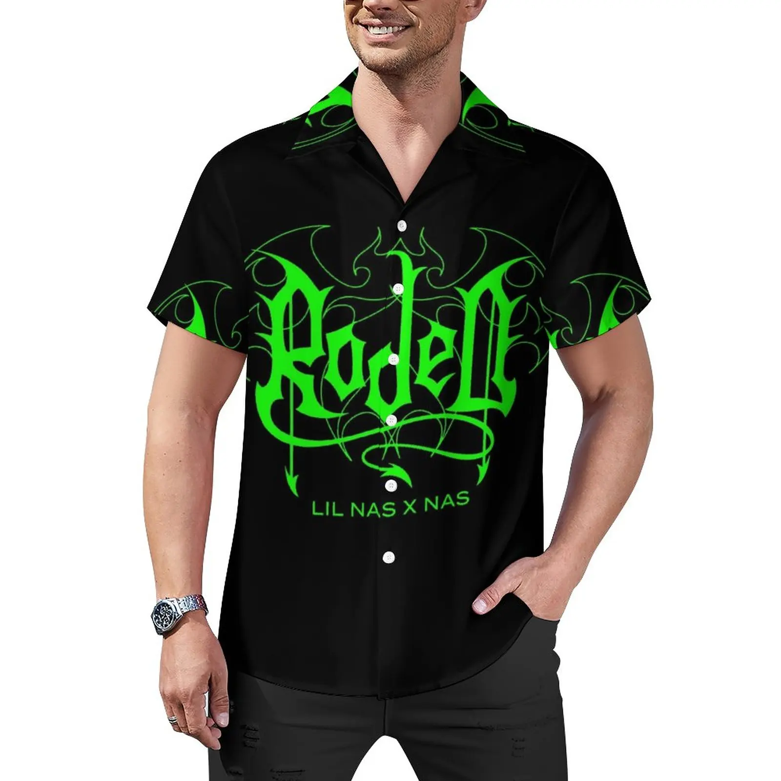 

Lil Nas X Rodeo Blouses Male Album Art Word Green Music Cool Casual Shirts Hawaiian Short Sleeve Street Style Vacation Shirt