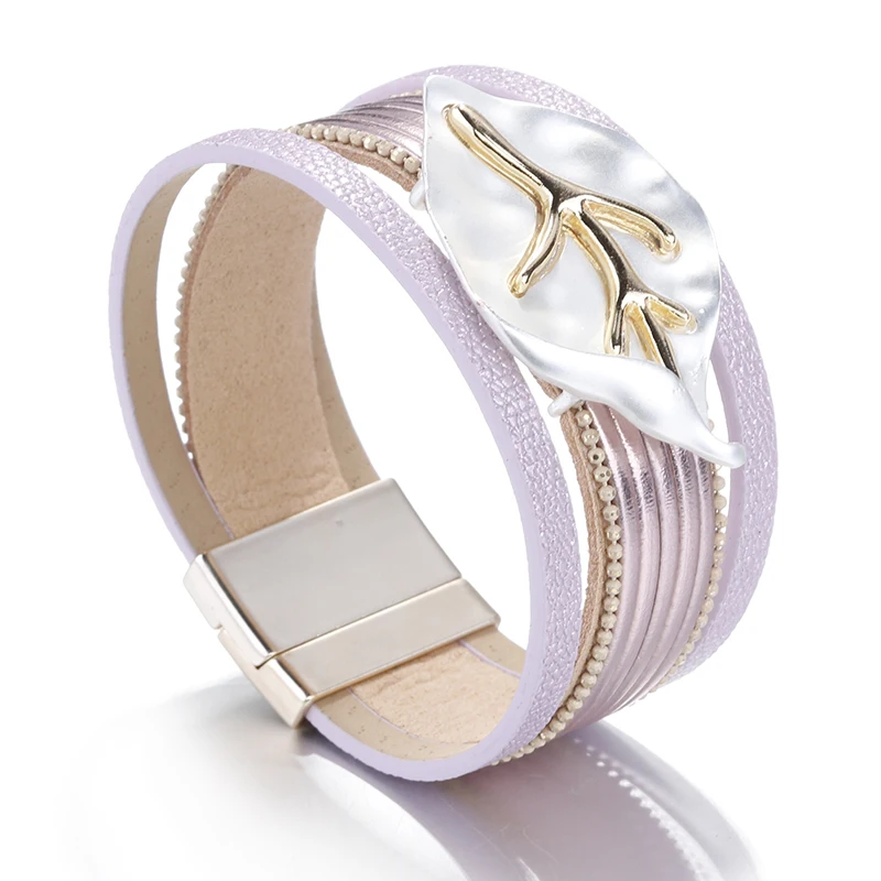 

ALLYES Two Tone Leaf Leather Bracelet for Women 2022 Fashion Charm Multilayer Wide Cuff Bracelets & Bangles Femme Jewelry
