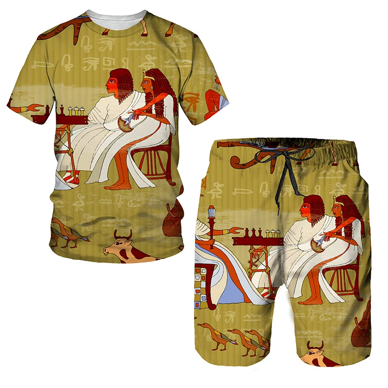 Summer Anubis Pattern Printing Men's T Shirt Loose O-neck Short Sleeve Top Casual Comfortable Shorts 2 Piece Outfit Men Clothing