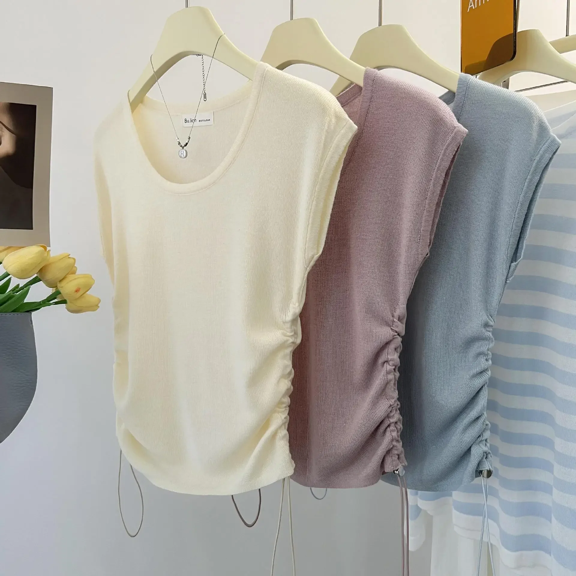 Нежный стиль вязаный топ с круглым вырезом летняя утягивающая женская футболка