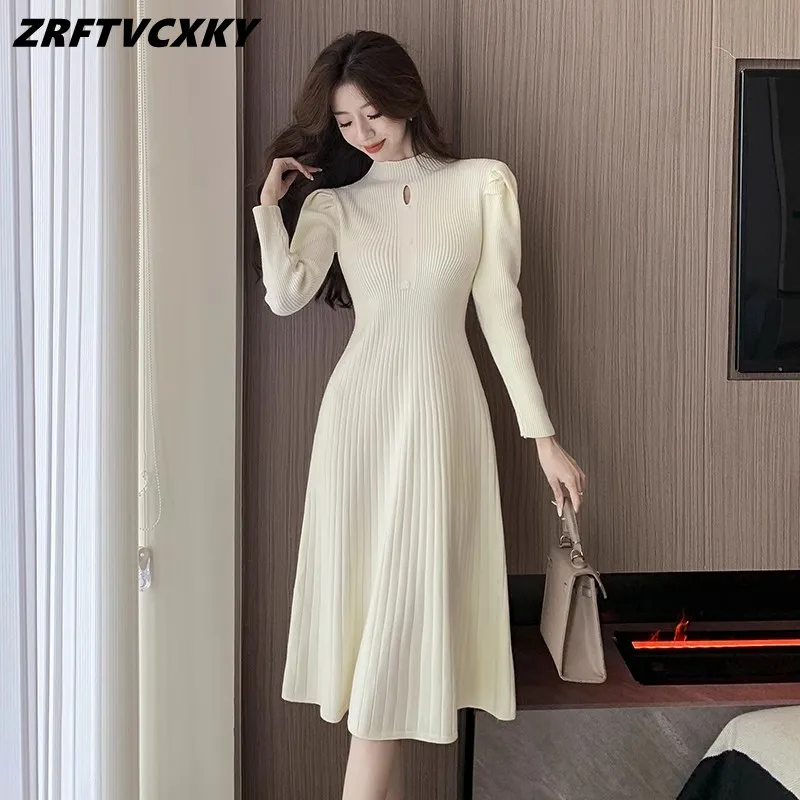 

Женское трикотажное платье-свитер средней длины, однотонное платье-миди с пышными рукавами и вырезами, Осень-зима 2023