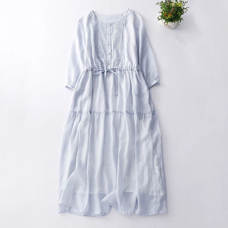 

Платье длинное хлопково-льняное свободное на шнуровке, Повседневная Уличная одежда синего цвета на пуговицах со складками, на лето