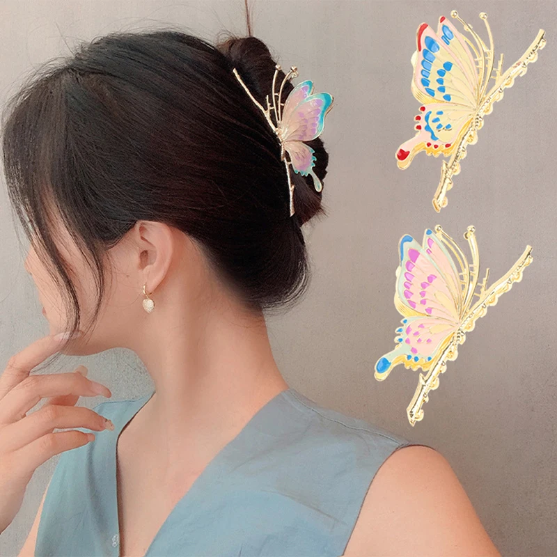 

2022 Korean Painted Butterfly Hair Clips Women Fashion Hair Claw Elegant Large Metal Crab Shark Clip Female Hair styling Tools