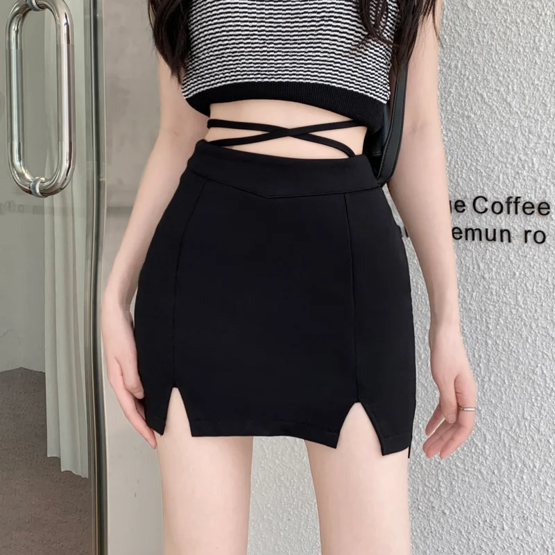 Fashion Cross Bandage Y2K Black Skirt Women Hotsweet Sexy High Waist Slim Split Mini Skirts Summer New