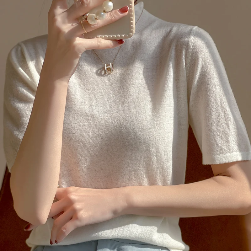 

Новинка 2022, женская рубашка из бутика с коротким рукавом на весну и лето, вязаный свитер с высоким воротником