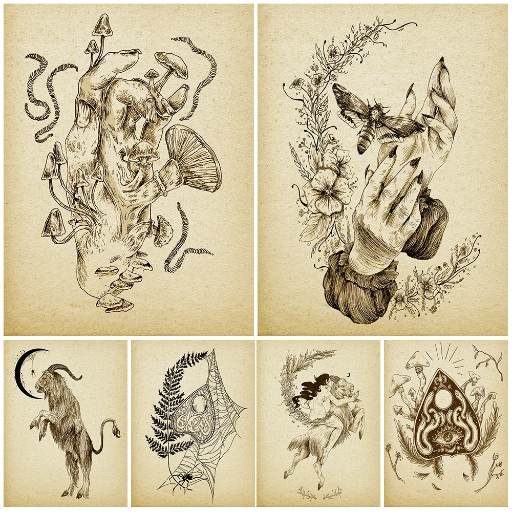 

Goat Witch,Divination Card,Black Cat Cemetery Vintage Wall Art Canvas Print Hand Of Black Magic Art Poster Print Decor Unframed