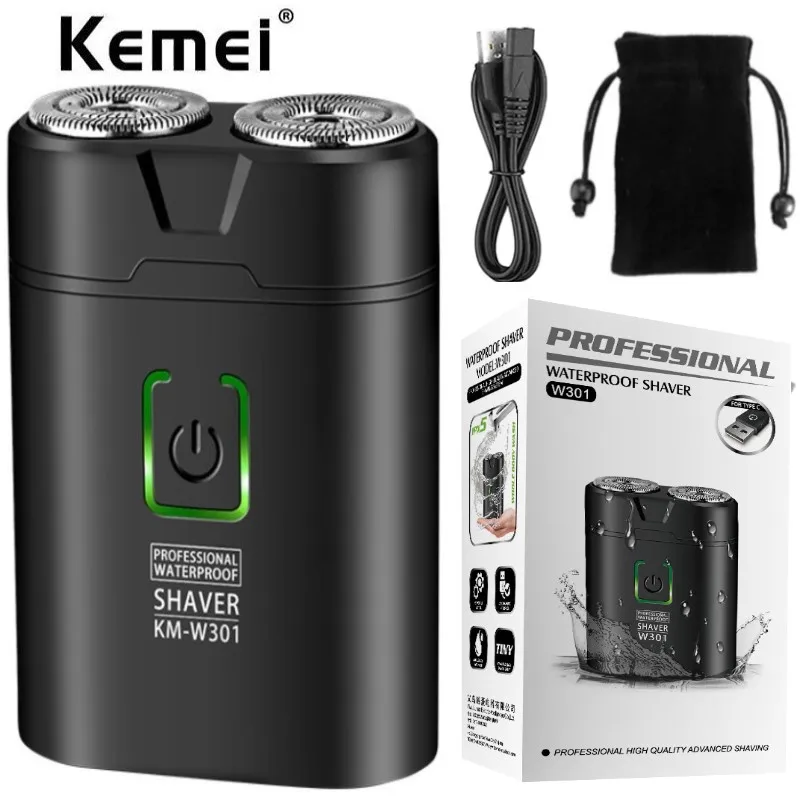 

KEMEI KM-W301 Mini Pocket Electric Shavers Waterproof Wet Dry Shaving 2 Head Blade USB Rechargeable Beard Shaver Razor For Men