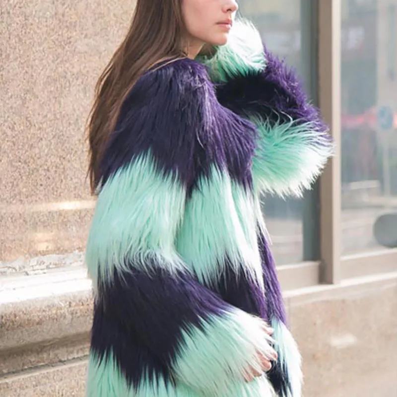 Winter Fashion Long Faux Fur Grass Women's Dress Women's Korean Patchwork Coat