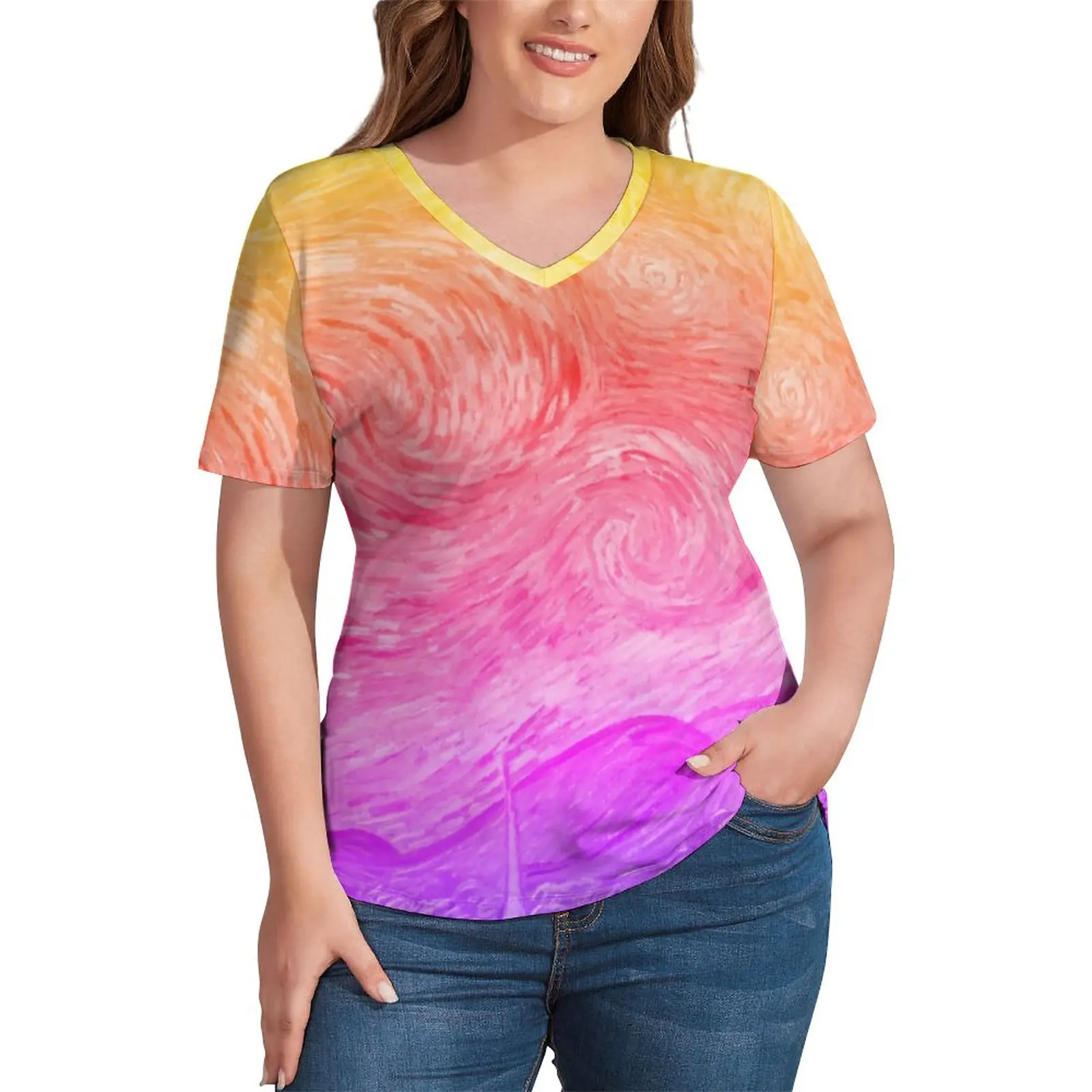 

The Starry Night T Shirts Vincent Van Gogh Simple V Neck T-Shirt Short Sleeve Plus Size Tee Shirt Sexy Print Tops Birthday Gift