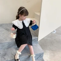 2022 summer girls french sweet lace contrast color large lapel dress childrens short sleeve pleated princess dress