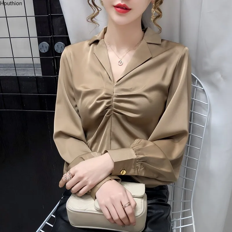 

Summer New Women's Blouses V-neck Shirt Solid Color Casual Fashion Folds Loose Lady Long Sleeve Top