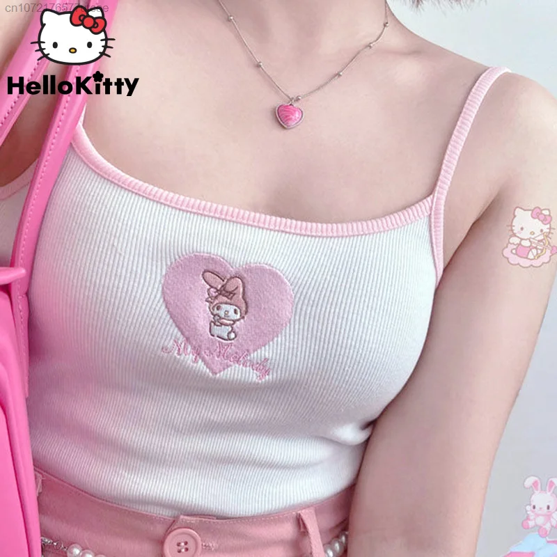 Hello Kitty Sanrio Cute Kuromi Cinnamoroll Crop Tops Melody Cartoon Y2k Slim Sexy Woman Short Tank Tops Embroidery Women Clothes