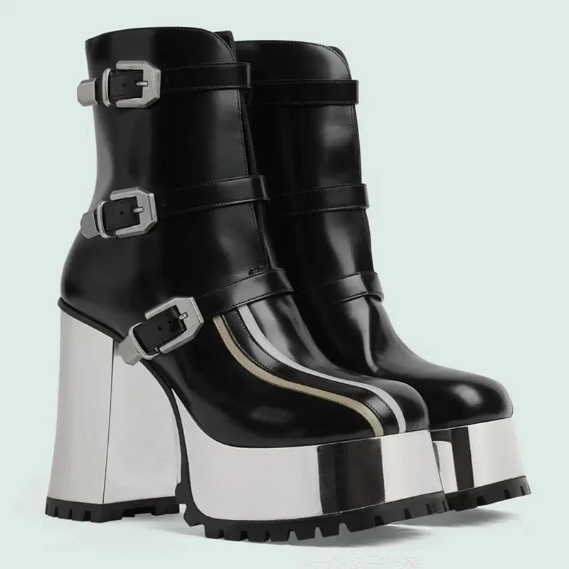 Современные ботинки на толстом очень высоком каблуке с круглым носком платформе