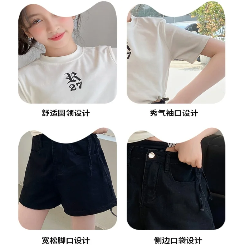 Новинка детский летний комплект для девочек Повседневная футболка с буквенным