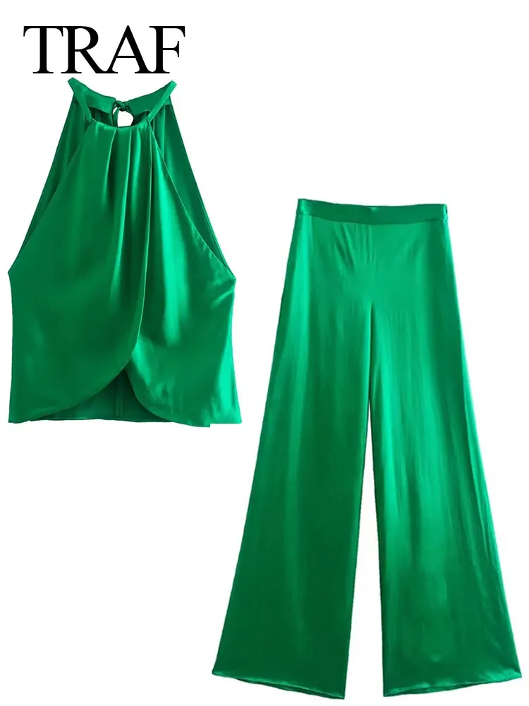 

Летний однотонный зеленый жилет без рукавов TRAF 2022, элегантный топ с лямкой на шее и брюки, модные повседневные шикарные широкие брюки