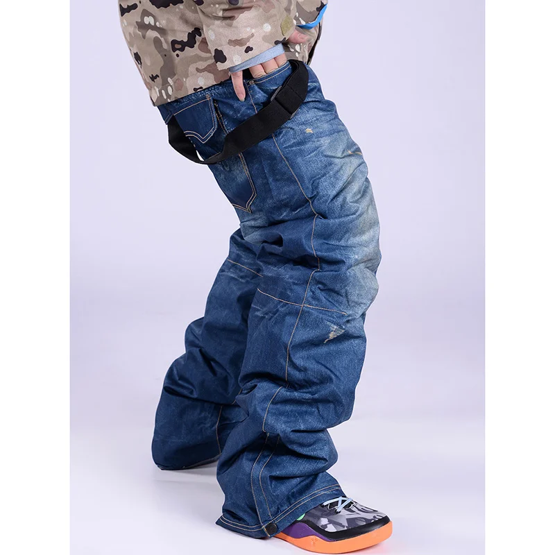 Men's Winter Fleece Thermal Ski Jeans with Back Straps Warm Keep Hiking Pants Zipper Velvet Waterproof Durable Camping Apparel