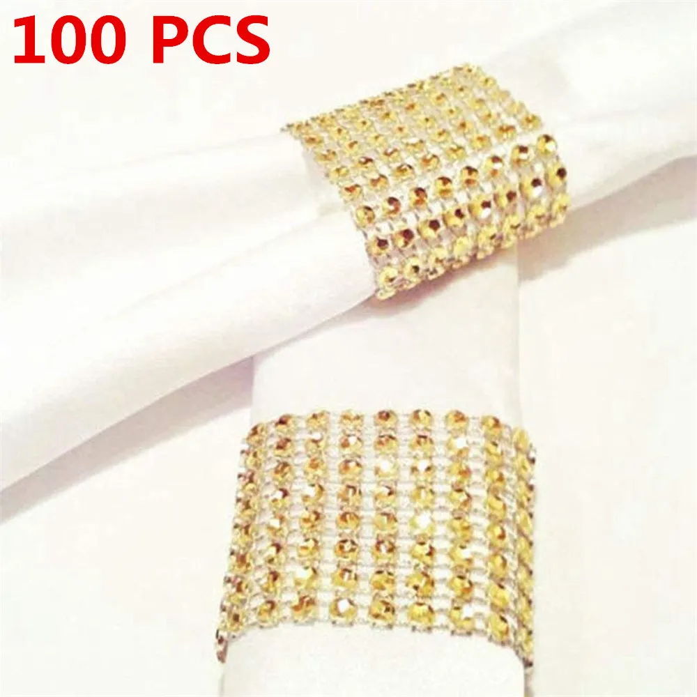 

100 PCS DIY Chairs Sash Bows Tablecloth Paper Napkins Ring Gold Silver Rhinestone Napkin Rings Ornament For Party Wedding