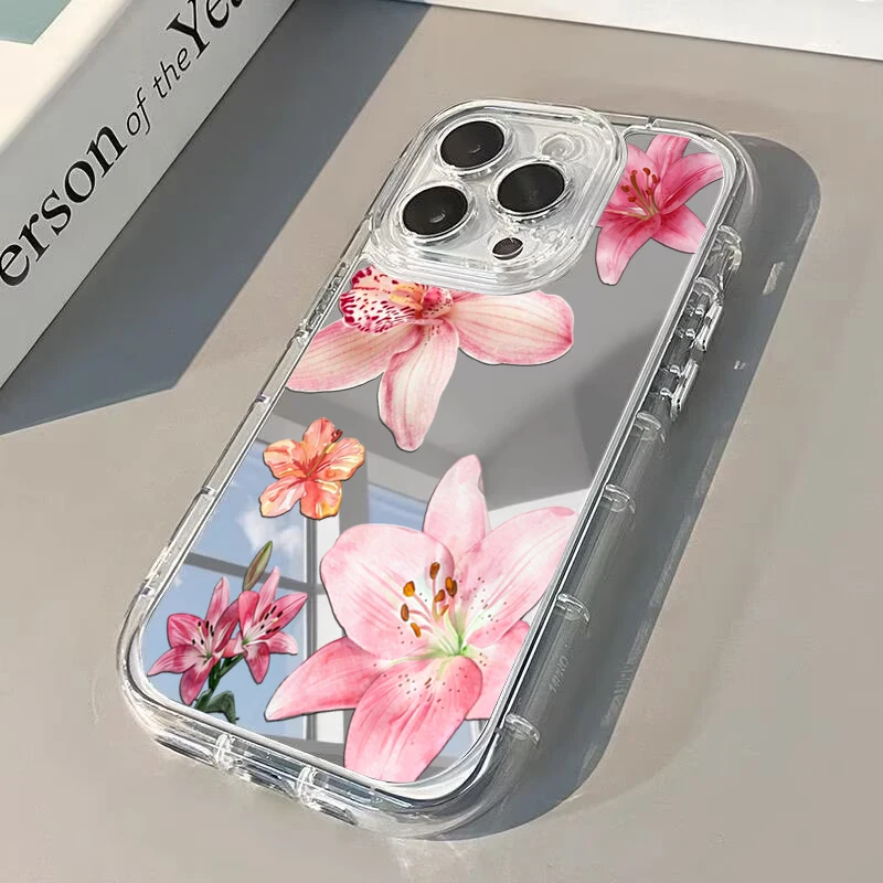 Фото Чехол для телефона с зеркалом и розовыми цветами гибискуса для iPhone 11 12 13 14 15 16 17 Pro Max 7 8 Plus XR X XS 16E 17E, противоударная задняя крышка №1
