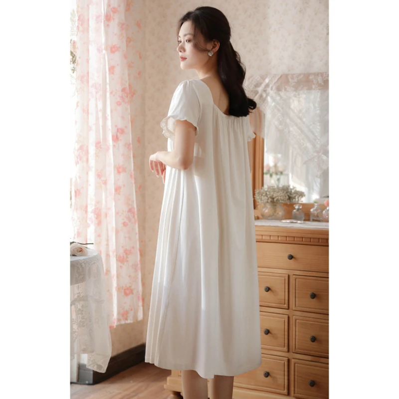 Victorian Cotton Night Dress Women Summer Short Sleeve Sexy Lace White Peignoir Vintage Nightgowns Princess Sleepwear Home Wear